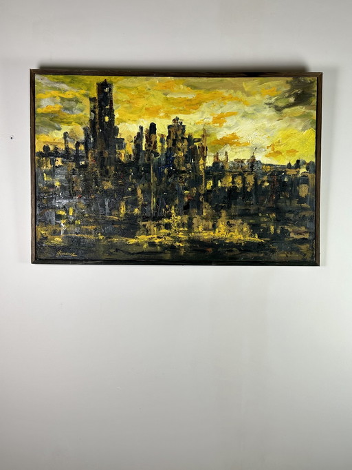 Schilderij/Olie op Canvas "Zonsondergang boven Parijs" Hipolito Jimenez 95X63Cm