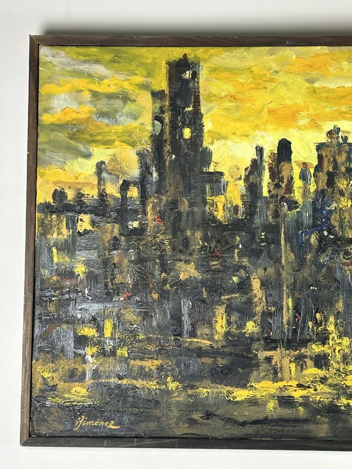 Schilderij/Olie op Canvas "Zonsondergang boven Parijs" Hipolito Jimenez 95X63Cm