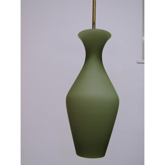 Image 1 of Vintage kroonluchter in groen glas met een Stilnovo messing structuur 1950