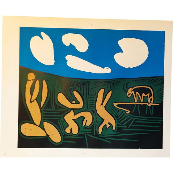 Image 1 of Vintage linoleumsnede "Bacchanaal met vier wolken" van Pablo Picasso, 1962