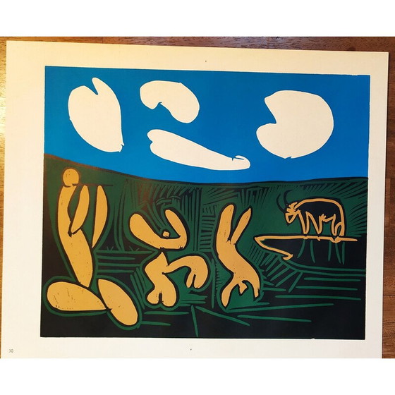 Image 1 of Vintage linoleumsnede "Bacchanaal met vier wolken" van Pablo Picasso, 1962