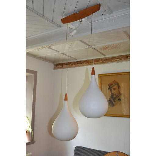 Vintage twee-armige opaal glazen ophanging van Uno en Östen Kristiansson voor Luxus, Zweden 1960
