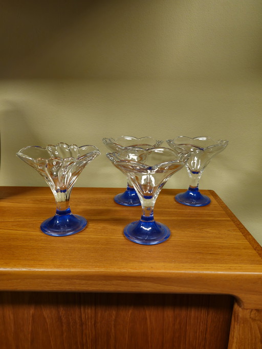 4X Vintage Ijscoupes Coupes Blauw Borgonovo Italië Glazen 