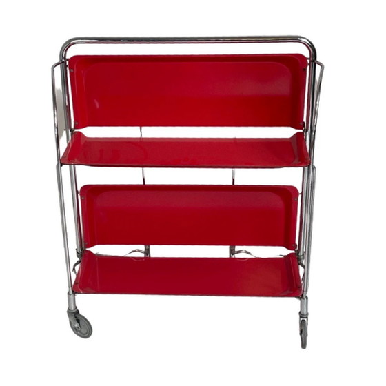 Image 1 of Vintage - Opvouwbaar dienblad / theetrolley - Rood - Chroom buisframe