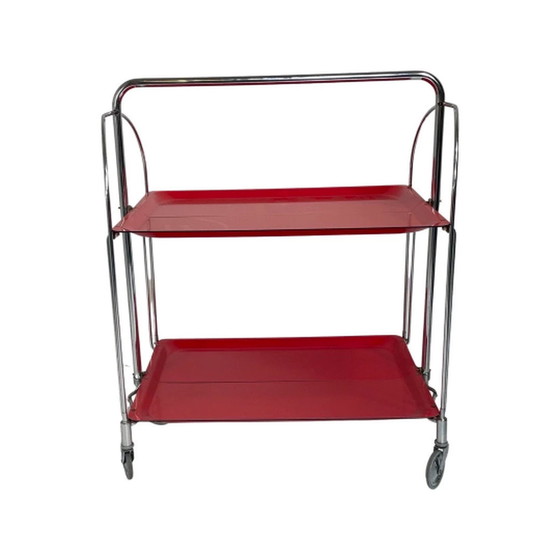 Image 1 of Vintage - Opvouwbaar dienblad / theetrolley - Rood - Chroom buisframe