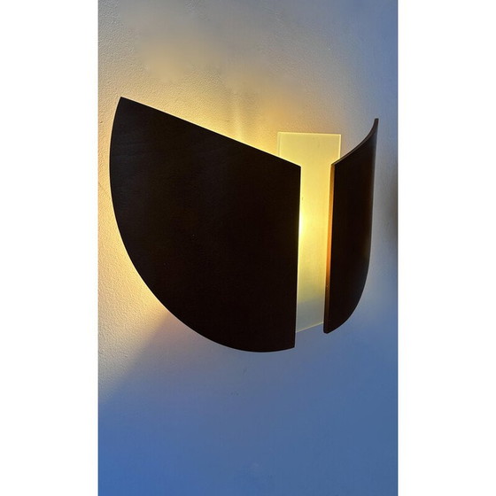 Image 1 of Paar vintage wandlampen in thermogevormd hout en gezandstraald glas, Frankrijk 1980