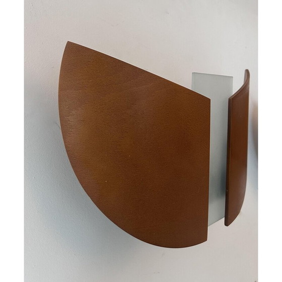 Image 1 of Paar vintage wandlampen in thermogevormd hout en gezandstraald glas, Frankrijk 1980
