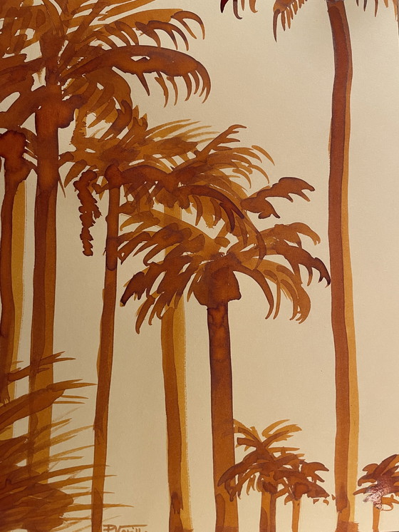 Image 1 of Aquarel Palmbomen Rijzende Zon Miami