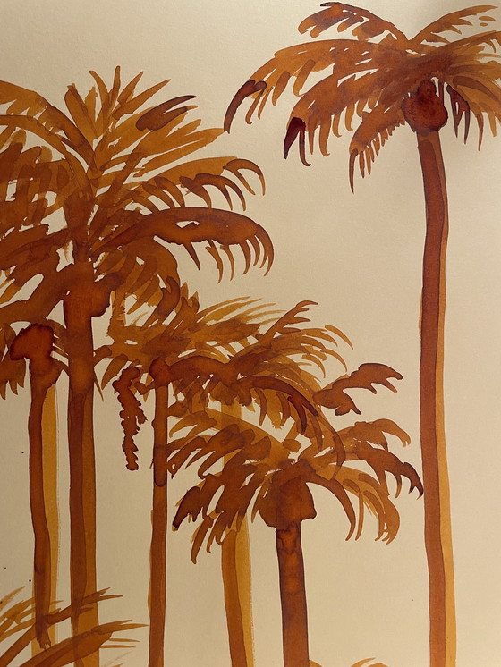 Image 1 of Aquarel Palmbomen Rijzende Zon Miami