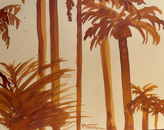 Image 1 of Aquarel Palmbomen Rijzende Zon Miami