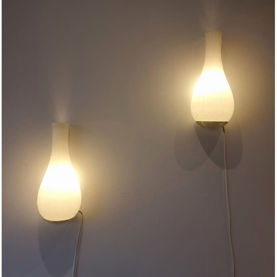 Image 1 of Paar vintage wandlampen Oeufs in glas en messing van Jean Perzel, 1940