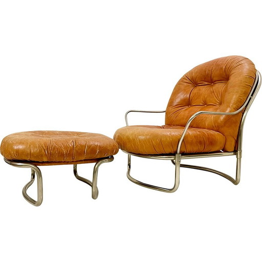 Mid Century cognac leren fauteuil en voetenbank mod 915 van Carlo de Carli, Italië