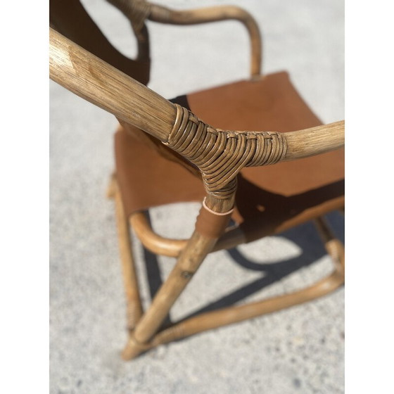Image 1 of Vintage safari fauteuil van bamboe en leer, Denemarken 1960