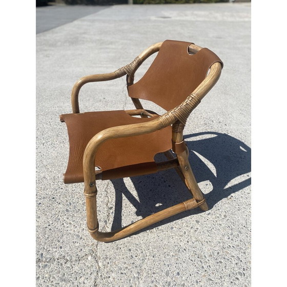 Image 1 of Vintage safari fauteuil van bamboe en leer, Denemarken 1960