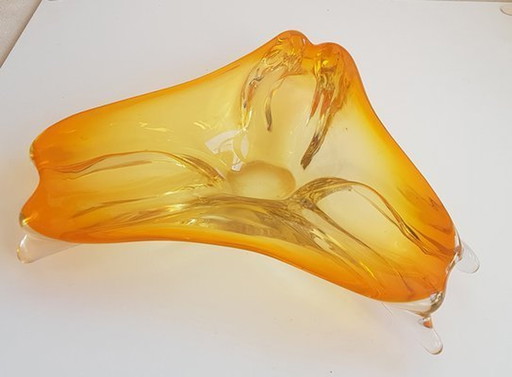 Oranje en goudkleurige schaal van Murano glas, 1950S