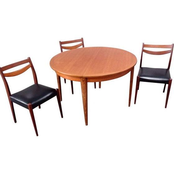 Image 1 of Vintage teakhouten tafel en stoelen, zwart kunstleer, jaren 1950