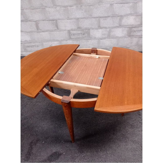 Image 1 of Vintage teakhouten tafel en stoelen, zwart kunstleer, jaren 1950