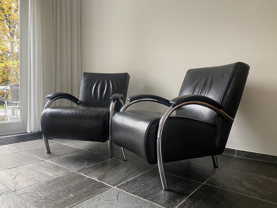 Image 1 of Twee Chromen Fauteuil Met Zwart Leer