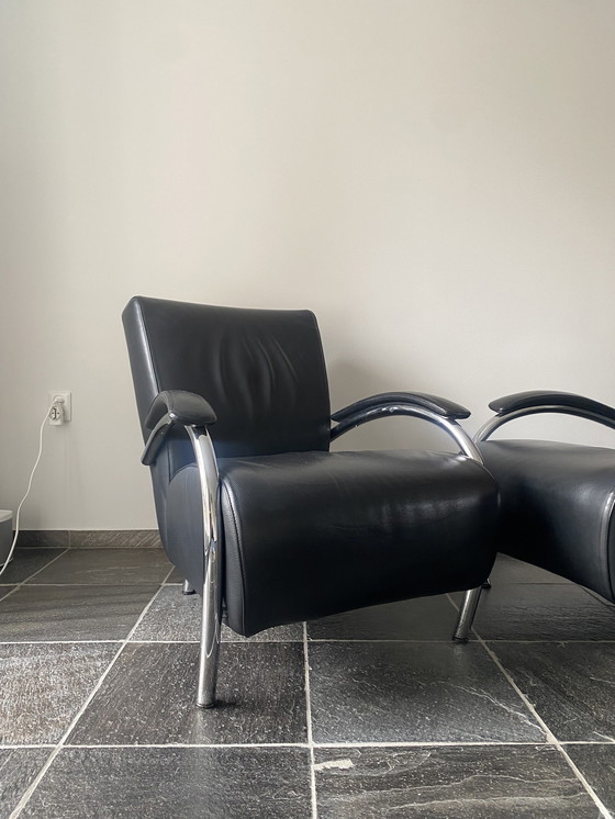 Image 1 of Twee Chromen Fauteuil Met Zwart Leer