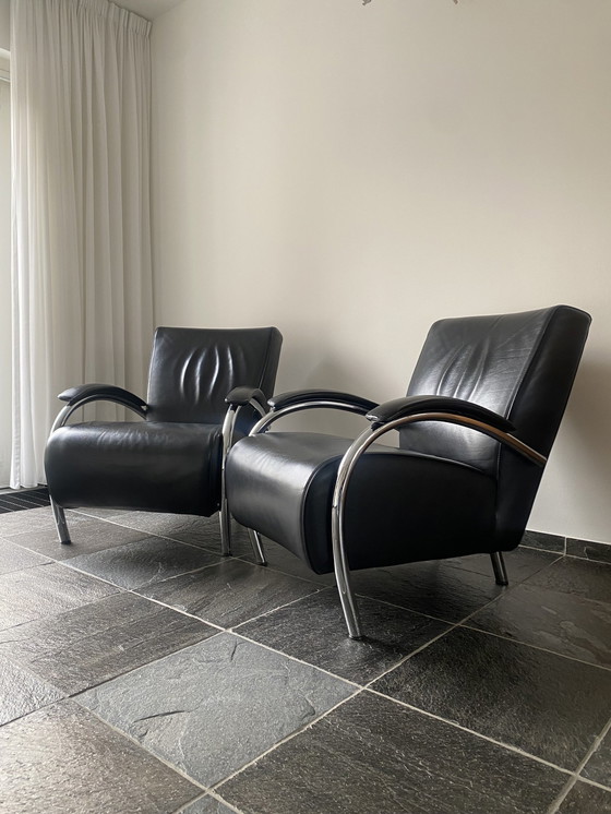 Image 1 of Twee Chromen Fauteuil Met Zwart Leer