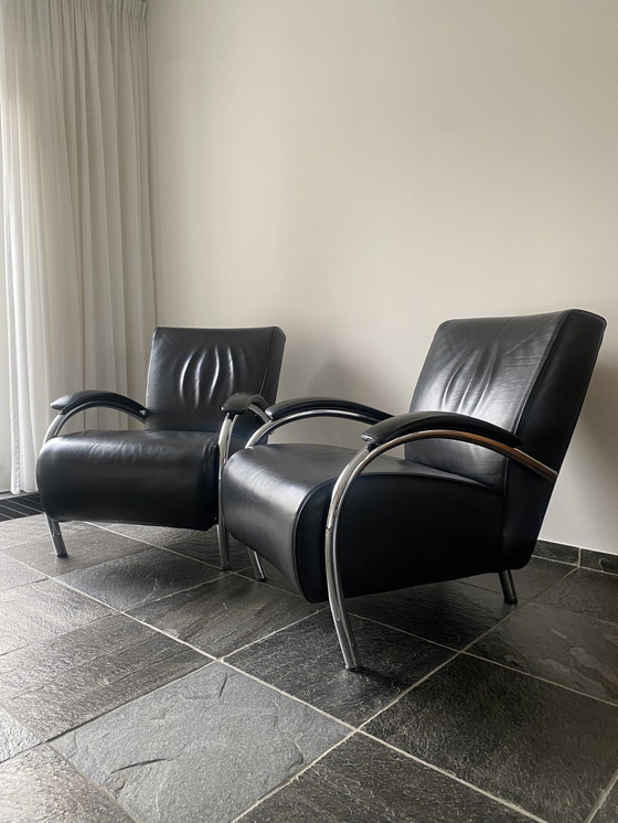 Image 1 of Twee Chromen Fauteuil Met Zwart Leer