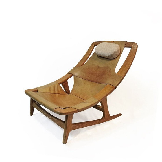 Vintage loungestoel van leer en eikenhout "Hholmenkollenjren" door Arne Tidemand Ruud voor Norcraft, (photo 5 of 13)