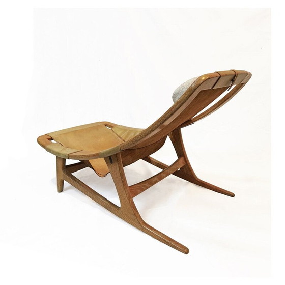 Vintage loungestoel van leer en eikenhout "Hholmenkollenjren" door Arne Tidemand Ruud voor Norcraft, (photo 8 of 13)