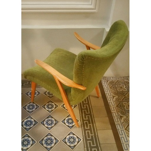 Zig Zag fauteuil in teakhout en groen fluweel