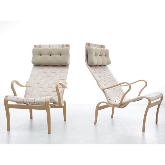 Image 1 of Paar Scandinavische vintage loungestoelen "Miranda" in beukenhout en Kvadrat-stof van Bruno Mathsson, 2010