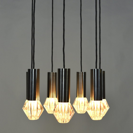 Image 1 of Halverwege de eeuw chromen en glazen kroonluchter / hanglamp - 1960-70's