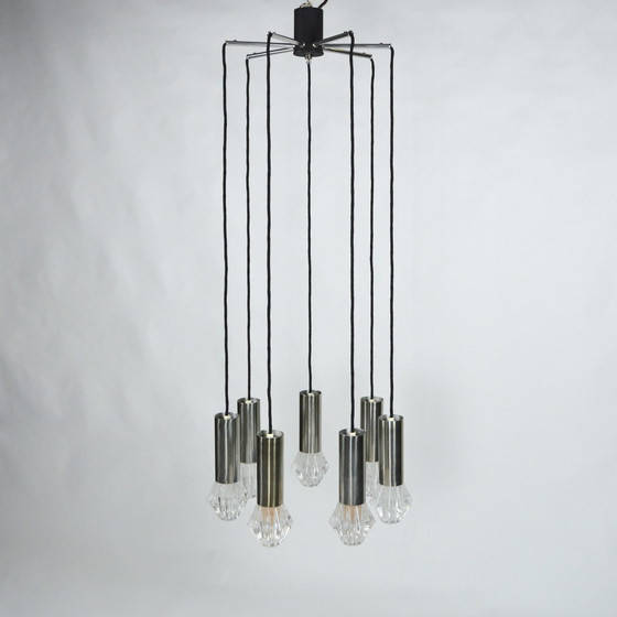 Image 1 of Halverwege de eeuw chromen en glazen kroonluchter / hanglamp - 1960-70's