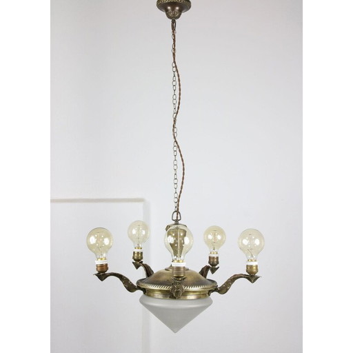 Vintage art deco kroonluchter van messing en glas