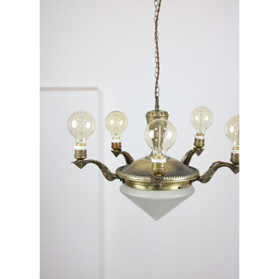 Image 1 of Vintage art deco kroonluchter van messing en glas