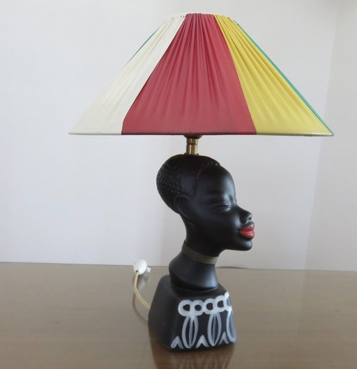 Lampe "Femme Africaine" En Céramique Noir Mat, Mid Century 1950 1960