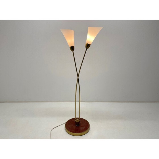 Image 1 of Mid century Art deco messing met patina en opaline glazen vloerlamp, jaren 1930