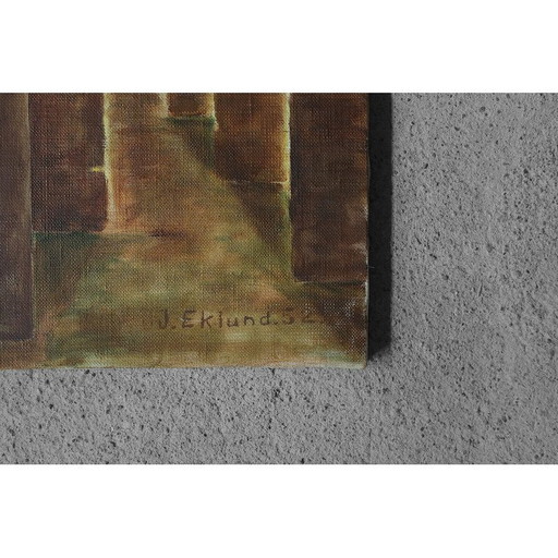 Vintage olieverf op doek door J. Eklund, 1952