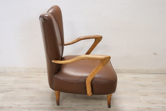 Image 1 of Mid Century Bruine Faux Lederen Fauteuil