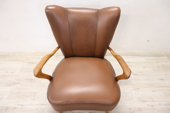 Image 1 of Mid Century Bruine Faux Lederen Fauteuil