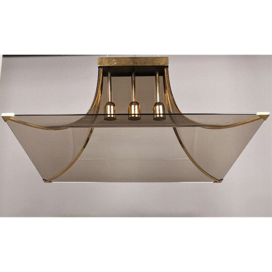 Image 1 of Vintage Pagoda hanglamp van gerookt glas, messing en staal van Esperia, 1970