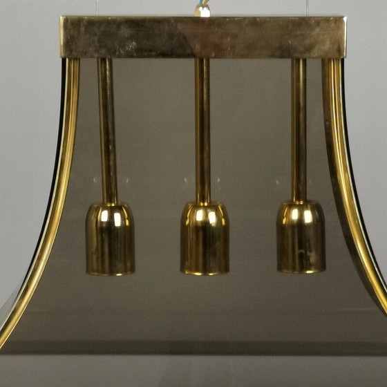 Image 1 of Vintage Pagoda hanglamp van gerookt glas, messing en staal van Esperia, 1970