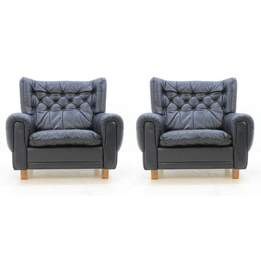 Set van 2 vintage zwart leren fauteuils 1970