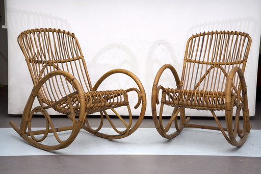 Franco Albini Stijl, Paar Rotan en Bamboe Schommelstoelen. Italië 1950S