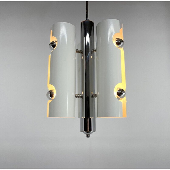Image 1 of Vintage hanglamp van verchroomd en wit gelakt metaal, Italië 1970