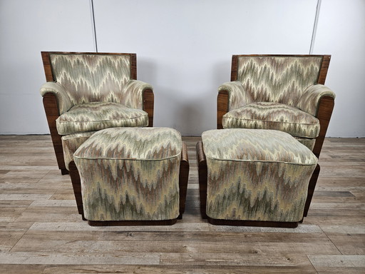 1930S Franse Art Decò woonkamer set met fauteuils en poefs