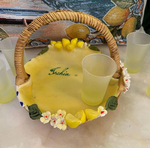 Vintage limoncello likeur set met glaasjes en mandje 