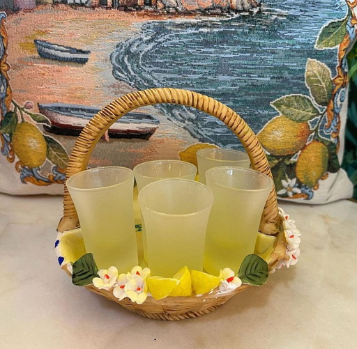 Vintage limoncello likeur set met glaasjes en mandje 