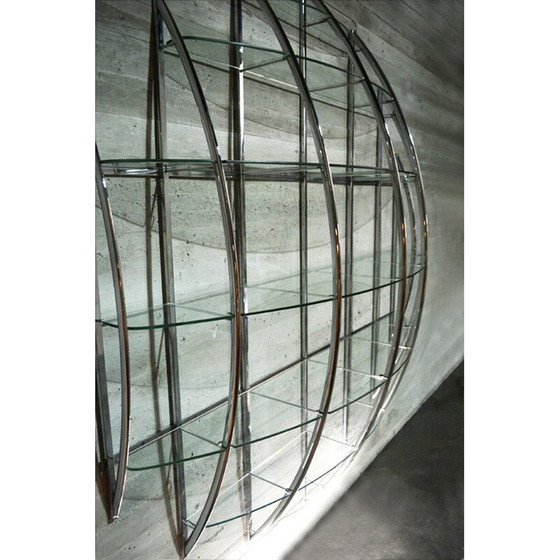 Image 1 of Vintage gebogen boekenkast van staal en glas door Manfredo Massironi voor Nikol International, 1970