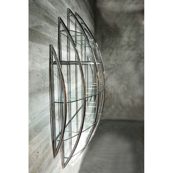 Image 1 of Vintage gebogen boekenkast van staal en glas door Manfredo Massironi voor Nikol International, 1970