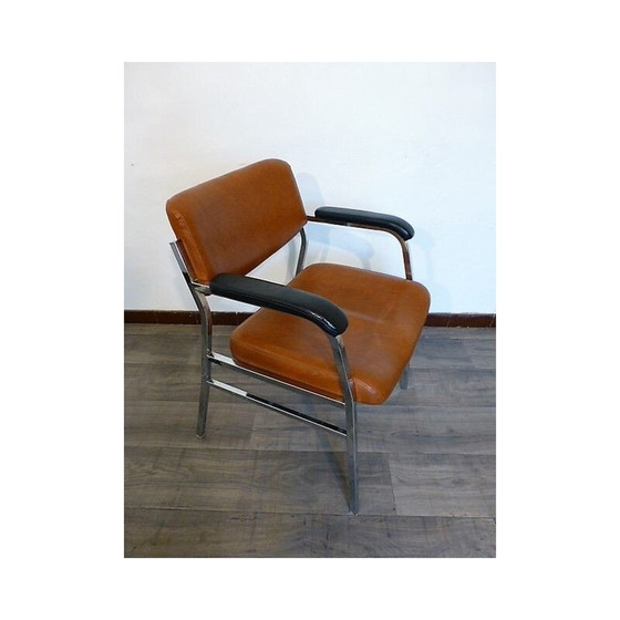 Image 1 of Vintage Bruine fauteuil van kunstleer en metaal