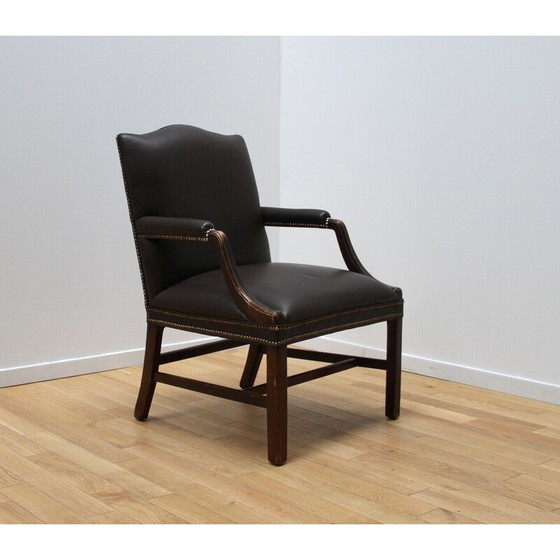 Image 1 of Paar vintage fauteuils in donker hout en donkerbruin leer